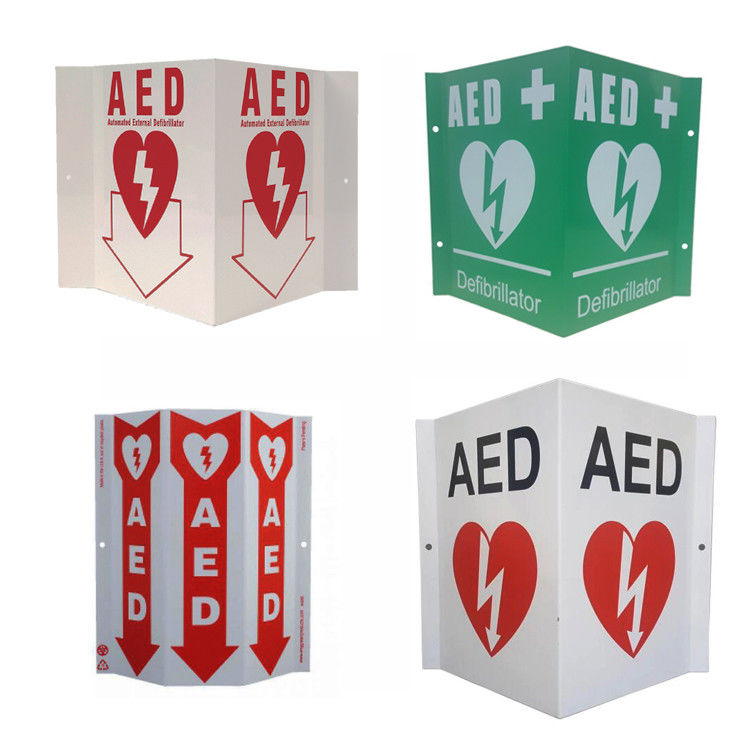 بيضاء على الحائط لافتة درهم إماراتي مزيل رجفان بلاستيكي أخضر لافتة AED V ألومنيوم مخصص